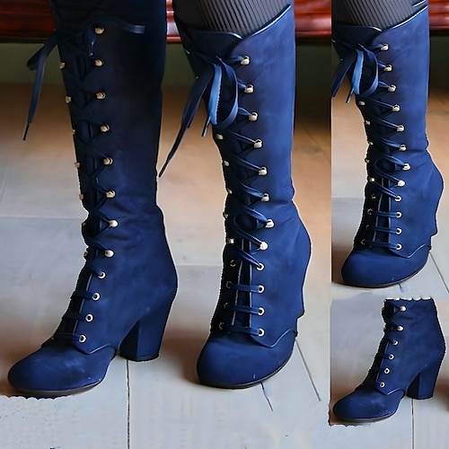 

Women's Boots Plus Size Lace Up Boots Outdoor Daily Mid Calf Boots Winter Chunky Heel Round Toe Vintage Casual Faux Leather Lace-up Solid Color Black Blue Purple