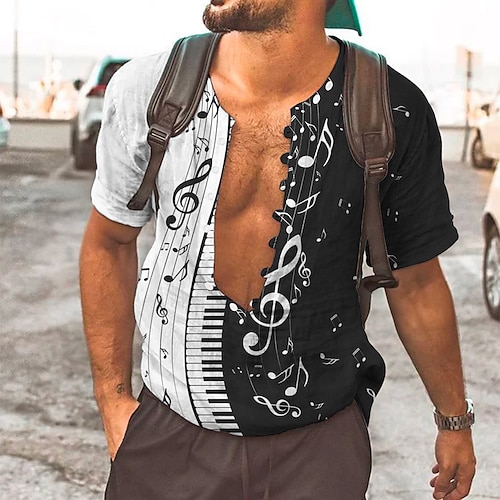 

Men's Shirt Linen Shirt Graphic Prints Music Notes Pano Keys Collarless Black Green Outdoor Street Short Sleeve Print Clothing Apparel Linen Fashion Streetwear Designer Casual