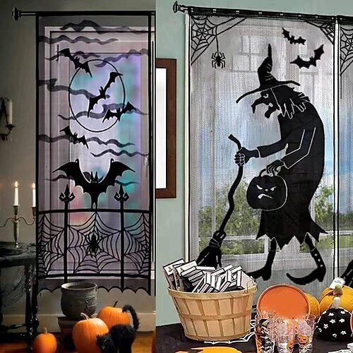 

Halloween-Dekorvorhänge für Tür, Fenster, Küche mit Spinnennetz, Fledermäusen, Hexenschädel, Halloween-Fenstervorhang, schwarzer Spitzen-Türvorhang, Panel-Dekor für Halloween-Fensterdekorationen