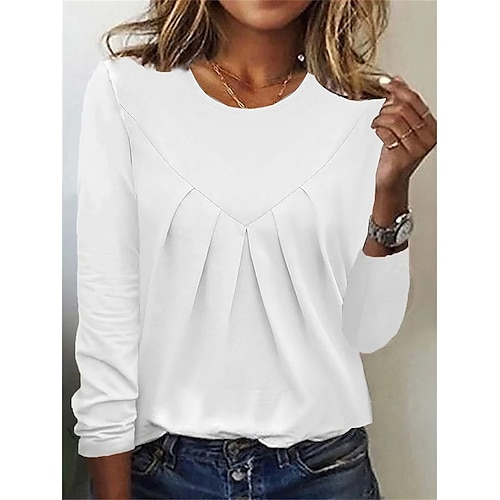 

Women's T shirt Tee White Plain Long Sleeve Daily Weekend Basic Round Neck Regular S