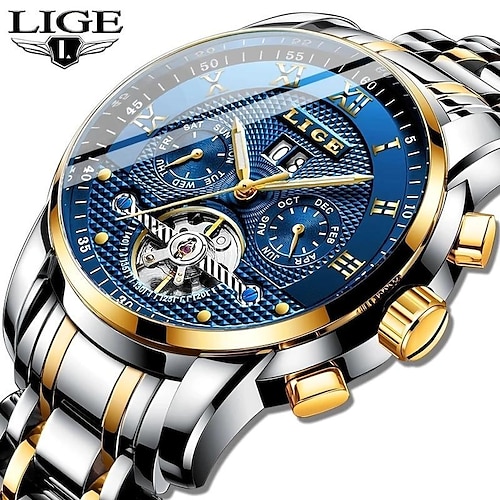

LIGE Hombre Relojes Mecánico Reloj de Muñeca Tourbillon Calendario Fecha Semana 304 Acero Inoxidable Reloj