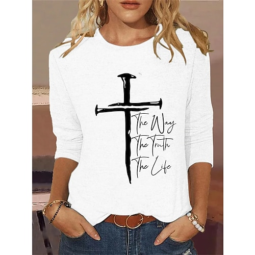 

T shirt Tee Femme Noir Blanche Rose Claire Graphic Lettre Imprimer manche longue du quotidien Fin de semaine basique Col Rond Normal Standard Peinture S