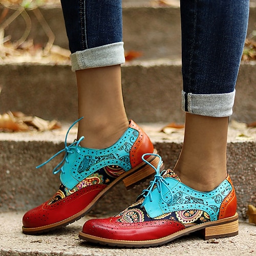 

Mulheres Rasos Oxfords Sapatos Confortáveis Tamanhos Grandes Festa dia das Bruxas Diário Flor de Cetim Cadarço Sem Salto Ponta Redonda Férias Vintage Conforto Couro Sintético Com Cadarço Bloco de cor