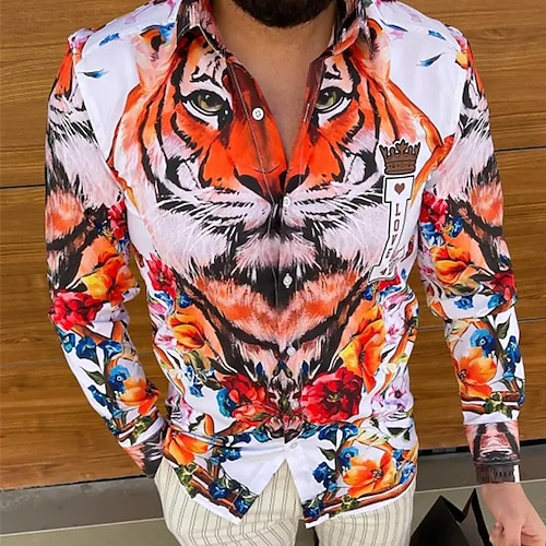 

Homens Camisa Social Tigre Estampas Abstratas Vintage Bussola Aberto para a Lateral Rosa Vermelho Verde Ao ar livre Rua Manga Longa Imprimir Roupa Moda Roupa de rua Designer Casual