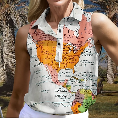 

Femme T-shirt POLO Chemise de golf Respirable Séchage rapide Evacuation de l'humidité Sans Manches Vêtements de golf Top Standard Col en V Carte du monde Eté Tennis Le golf Pickleball