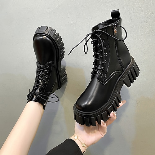 

Damen Stiefel Schnürstiefel Täglich Schnürsenkel Blockabsatz Runde Zehe Minimalismus PU Reißverschluss Feste Farbe Schwarz Weiß