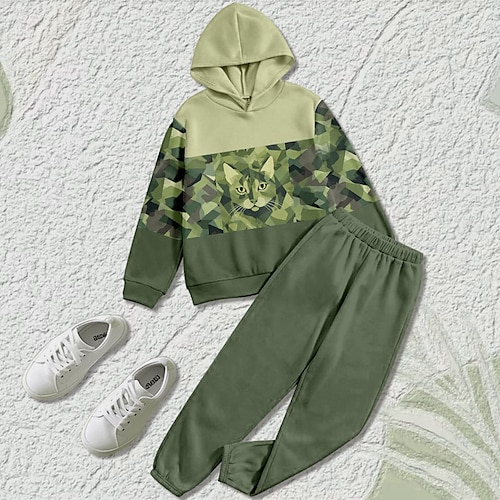 

2 Pieces Kids Boys Hoodie Pants Set pullover camo Clothing Set Outfit Geometric Color Block Cat Long Sleeve Print Set Outdoor 3D Printing Active Fashion Cool Summer Fall 3-12 Years Black Green