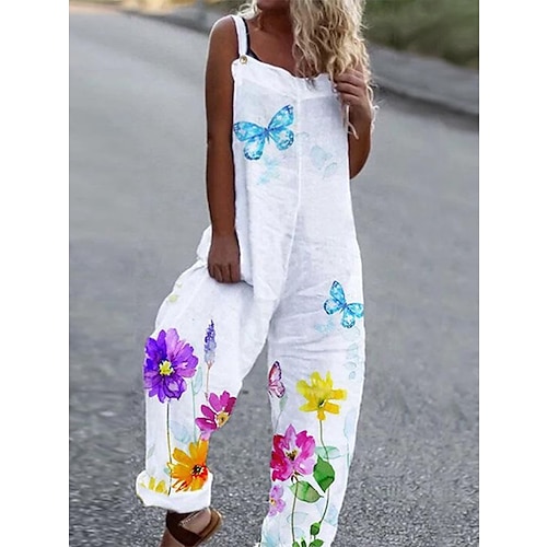 

White Jumpsuits for Women Casual Trug Life Print Animal Crew Neck Streetwear Daily Wide Leg Loose Fit Sleeveless Blue Purple Pink S M L Spring Fall Summer