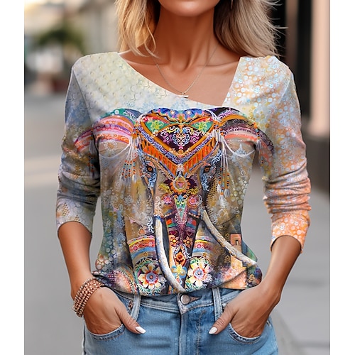 

Women's T shirt Tee Yellow Pink Orange Graphic Geometric Print Long Sleeve Daily Weekend Basic V Neck Painting