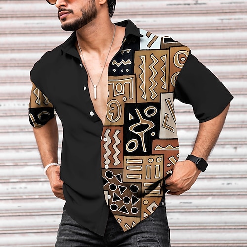 

Homens Camisa Social Tribal Estampas Abstratas Vintage Geometria Aberto para a Lateral Amarelo Verde Ao ar livre Rua Manga Curta Imprimir Roupa Moda Roupa de rua Designer Casual