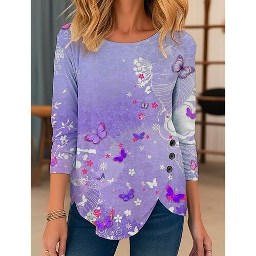 

Mujer Camiseta Rosa Morado Verde Trébol Mariposa Estampado Manga Larga Diario Fin de semana Básico Escote Redondo Regular Mariposa Pintura S