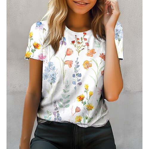 

Mulheres Camiseta Laranja Verde Floral Imprimir Manga Curta Feriado Final de semana Básico Decote Redondo Padrão Tema Flores Pintura S