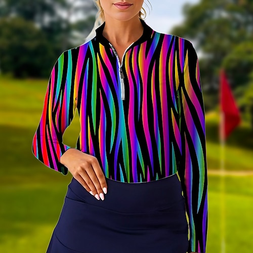 

Damen poloshirt Golfhemd Atmungsaktiv Schnelltrocknend Feuchtigkeitsableitung Langarm Golfbekleidung Golfkleidung Regular Fit Zip Stehkragen Bedruckt Frühling Herbst Tennis Golfspiel Pickleball