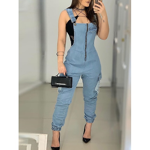 

Women's Overall Cowgirl Jeans Western Wear Zipper Pocket Solid Color U Neck Streetwear Street Vacation Regular Fit Strap Light Blue S M L Summer Fall