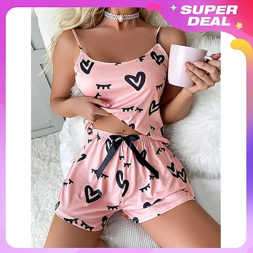 

Women's Pajamas Pajama Top and Pant Sets Heart Casual Comfort Soft Home Daily Bed Polyester Breathable Straps Sleeveless Strap Top Shorts Elastic Waist Summer Spring Pink