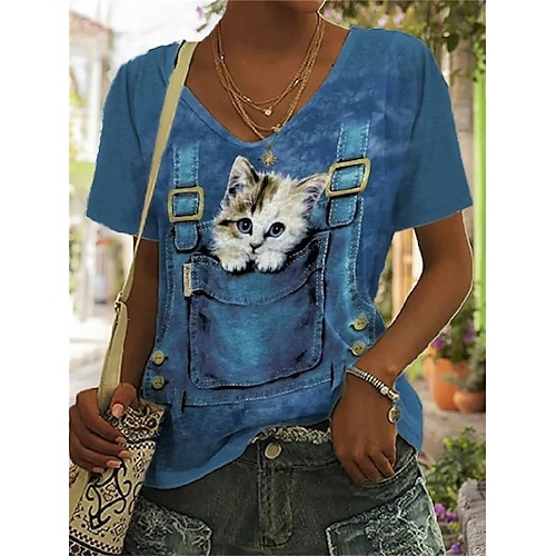 

Women's T shirt Tee Red Royal Blue Blue Cat 3D Print Short Sleeve Daily Weekend Basic V Neck 3D Cat Painting