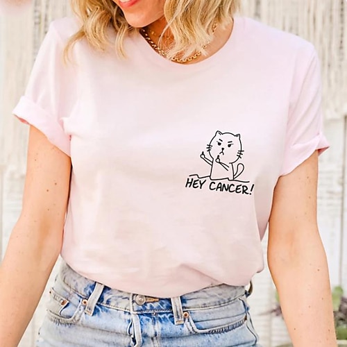 

Mujer Camiseta Negro Blanco Rosa Gato Letra Estampado Manga Corta Diario Fin de semana Básico Escote Redondo Fuck Cancer Ajuste regular Gato Pintura