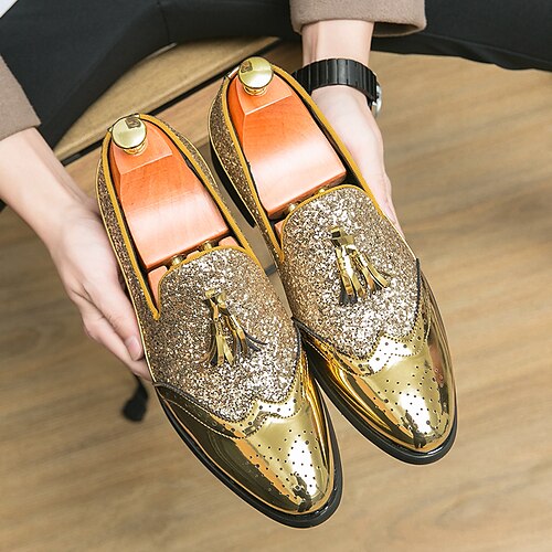 

Herren Loafer Slip On Kleid Müßiggänger Karierte Schuhe im britischen Stil Quasten Schuhe Brautkleider schlicht Britisch Hochzeit Party Abend Lackleder Atmungsaktiv Komfortabel Schwarz Gold