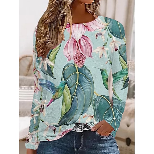 

Mulheres Camiseta Rosa Azul Marron Floral Imprimir Manga Longa Feriado Final de semana Básico Decote Redondo Padrão Tema Flores Pintura S