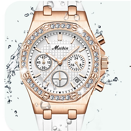 

MEIBIN Women Quartz Watch Luxury Large Dial Rhinestone Business Luminous Calendar Waterproof Decoration Silicone Watch