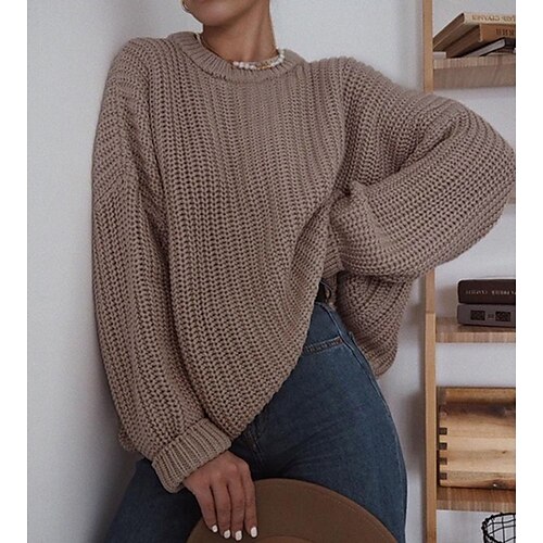 

Women's Pullover Sweater Jumper Jumper Ribbed Knit Oversized Solid Color Crew Neck Stylish Casual Outdoor Daily Fall Winter White Red S M L