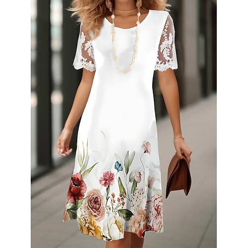 

Mujer Vestimenta casual Vestido de flores Vestido de verano Floral Encaje Estampado Cuello Barco Vestido Midi Activo Moda Exterior Festivos Manga Corta Ajuste regular Blanco Verano Primavera S M L XL