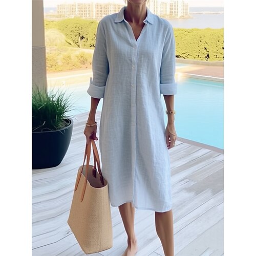 

Robe chemise Robe casual Femme Robe mi-longue Coton Mode basique Extérieur du quotidien Vacances Col de Chemise Bouton Manches 3/4 Eté Printemps Automne 2023 Ample Bleu Plein S M L XL 2XL