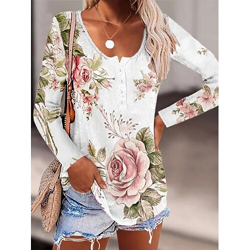 

T shirt Tee Femme Blanche Floral Bouton Imprimer manche longue Vacances Fin de semaine basique Col Rond Normal Standard Fleur Peinture S