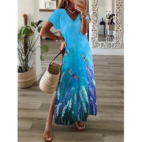 

Damen Lässiges Kleid A Linie Kleid Sommerkleid Blumen Gespleisst Bedruckt V Ausschnitt kleid lang Modisch Strassenmode Outdoor Täglich Kurzarm Regular Fit Weiß Gelb Rosa Sommer Frühling S M L XL XXL