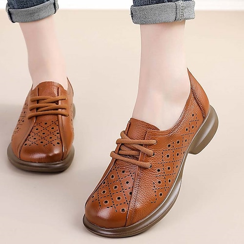 

Mulheres Rasos Oxfords Sapatos Confortáveis sapatos descalços Diário Caminhada Verão Salto Robusto Ponta Redonda Vintage Casual Conforto Pele Com Cadarço Côr Sólida Preto Marron Cáqui