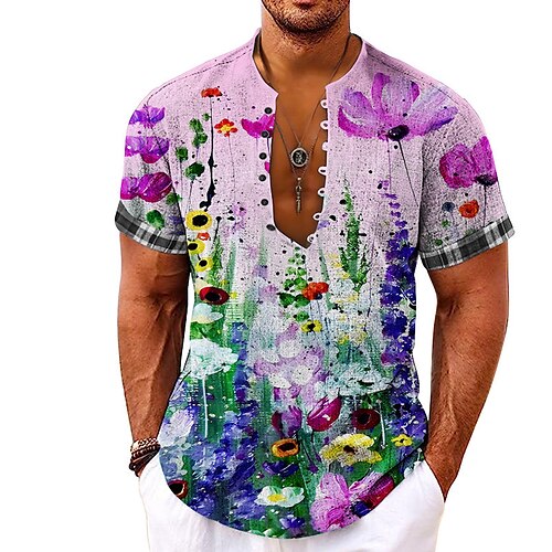 

Homme Chemise Chemise Lin Floral Imprimés Photos Sans col Jaune Violet Extérieur Plein Air Manche Courte Imprimer Vêtement Tenue Lin Mode Vêtement de rue Design Décontractées