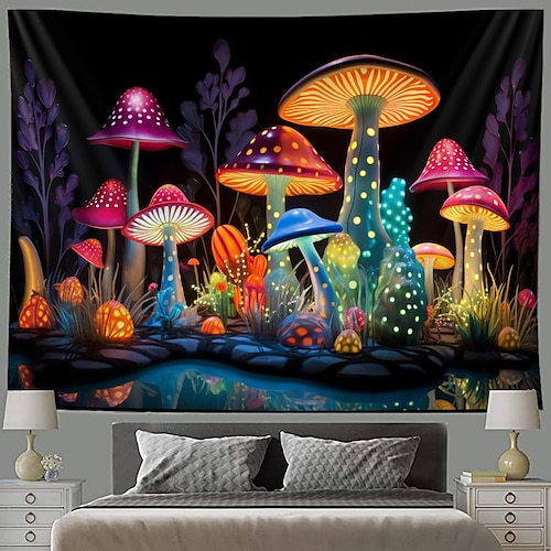  cogumelo fantasia luz negra tapeçaria brilha no escuro festa brilhante uv reativo psicodélico paisagem natural tapeçaria pendurada arte de parede mural para sala de estar quarto