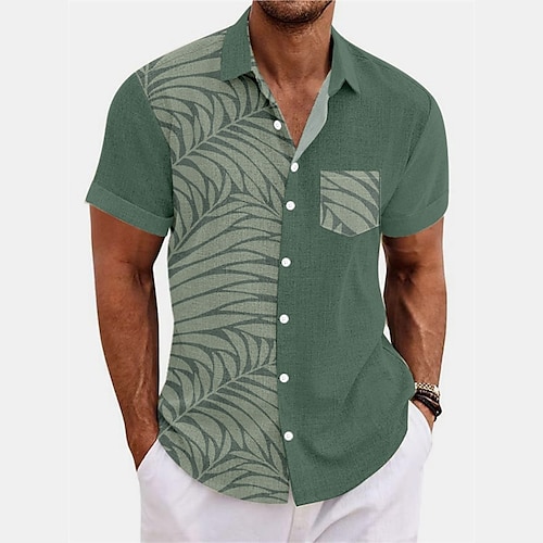 

Hombre Camisa camisa de lino camisa hawaiana Estampados Hojas Cuello Vuelto Negro Rosa Azul Piscina Marrón Verde Trébol Exterior Calle Mangas cortas Estampado Ropa Lino Deportes Moda Ropa de calle