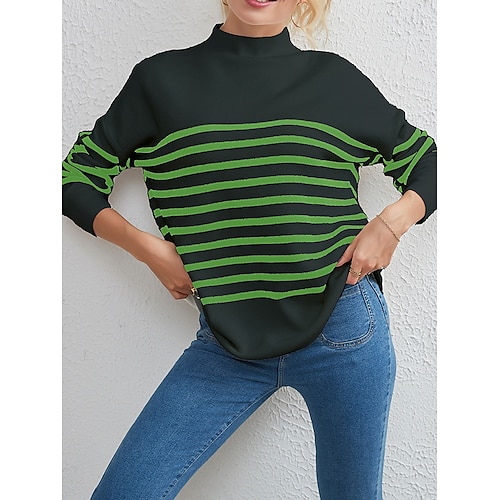 

Women's Pullover Sweater Jumper Jumper Ribbed Knit Print Striped Stand Collar Stylish Casual Outdoor Daily Summer Fall Black White One-Size