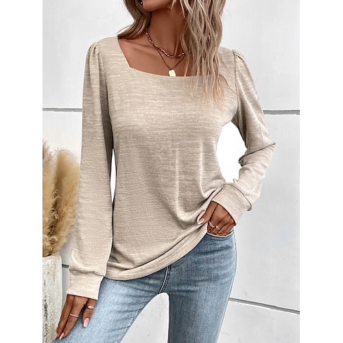 

Women's T shirt Tee Khaki Plain Long Sleeve Daily Weekend Basic Square Neck Regular S