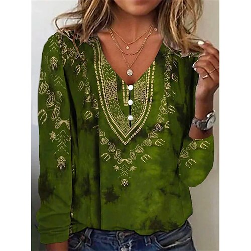 

T shirt Tee Femme Vert Graphic Bouton Imprimer manche longue du quotidien Fin de semaine basique Col V Normal Standard Peinture S