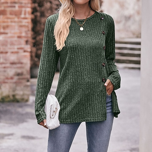 

Mulheres Camiseta Exército verde Preto Vinho Tecido Botão Manga Longa Diário Final de semana Básico Decote Redondo Padrão S