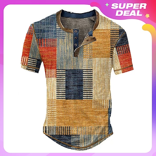 

Men's Waffle Henley Shirt Graphic Plaid Color Block Henley Clothing Apparel 3D Print Outdoor Daily Short Sleeve Button Fashion Designer Basic