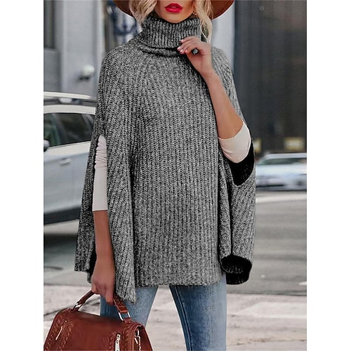 

Pull poncho Maille Femme A côtes Tricoter énorme Couleur unie Col Roulé mode Décontractées Extérieur du quotidien Manche Chauve-souris manche longue Automne Hiver Noir Vert Véronèse S M L