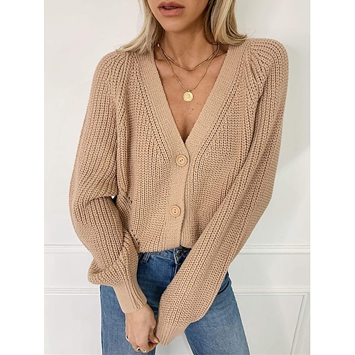 

Mulheres Sueter Cardigan Saltador Crochê Tricotar Botão Côr Sólida Decote V à moda Casual Ao ar livre Diário Manga lanterna Verão Outono Preto Branco S M L