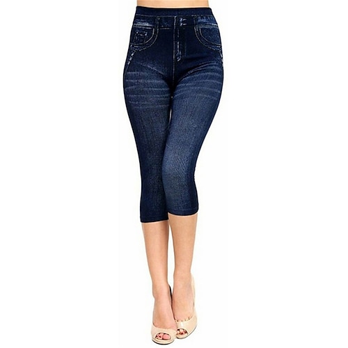 

Mulheres Delgado Leggings Calças Capri Faux Denim Azul Marinho Azul Azul Escuro Cintura Alta Moda Roupa de rua Casual Rua Casual Diário Bolsos Elasticidade Alta Comprimento da panturrilha Conforto