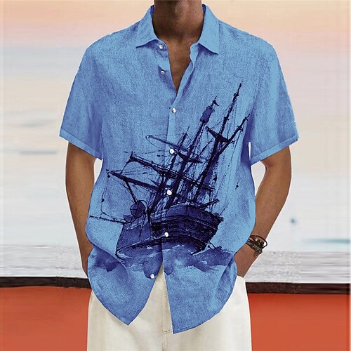 

Hombre Camisa camisa de lino Estampados Cosecha Velero Cuello Vuelto Blanco Rosa Azul Marino Azul Piscina Morado Exterior Calle Mangas cortas Estampado Ropa Lino Moda Design Casual Suave