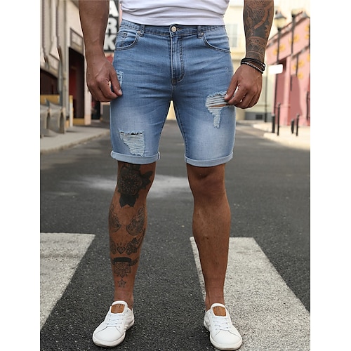 

Hombre Pantalón corto Shorts de mezclilla Shorts de jean rasgado Plano Transpirable Longitud de la rodilla Exterior Diario Noche Mezcla de Algodón Moda Casual Azul Piscina Azul Oscuro