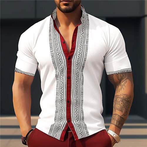 

Homens Camisa Social Listrado Estampas Abstratas Geometria Colarinho Chinês Preto / Branco Adamascado Preto Branco Vermelho Ao ar livre Rua Manga Curta Imprimir Roupa Moda Designer Casual Confortável