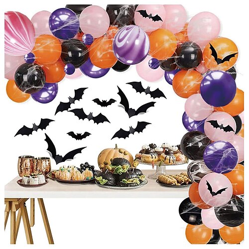 

114pcs conjunto de balões de halloween preto laranja rosa roxo látex ágata conjunto de balões de festa de halloween arco de balão