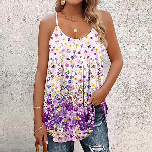 

Women's Tank Top Blue Purple Green Floral Print Sleeveless Casual Holiday Basic U Neck Regular Floral S