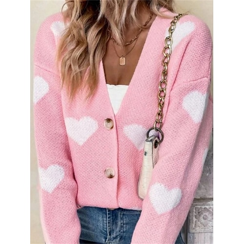 

Mulheres Sueter Cardigan Saltador Estriado Tricotar Botão Coração Decote V à moda Casual Ao ar livre Diário Outono Inverno Rosa S M L