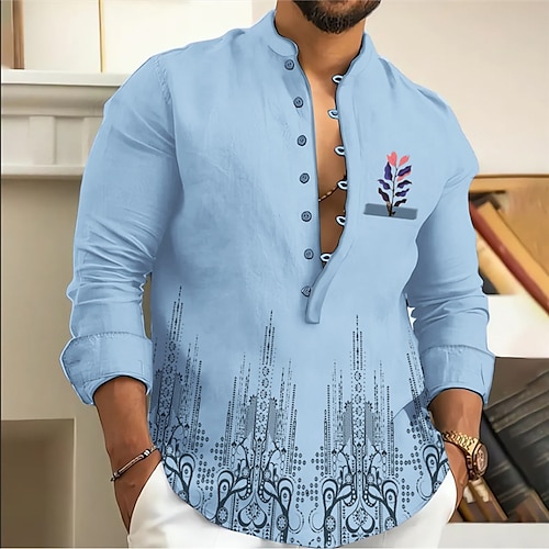 

Homens Camisa Social camisa de linho Estampas Abstratas Folhas Prédios Colarinho Chinês Preto Rosa Azul Verde Cáqui Ao ar livre Rua Manga Longa Imprimir Roupa Linho Moda Roupa de rua Designer Casual