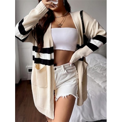 

Women's Cardigan Sweater Jumper Ribbed Knit Patchwork Pocket Color Block V Neck Stylish Casual Outdoor Daily Fall Winter Black Beige S M L