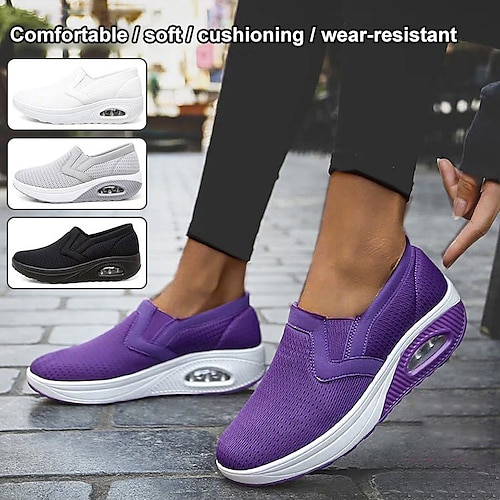 

Women's Sneakers Slip-Ons Wedge Heels Plus Size Height Increasing Shoes Outdoor Daily Solid Color Flat Heel Round Toe Fashion Comfort Minimalism Walking Mesh Loafer Black White Purple